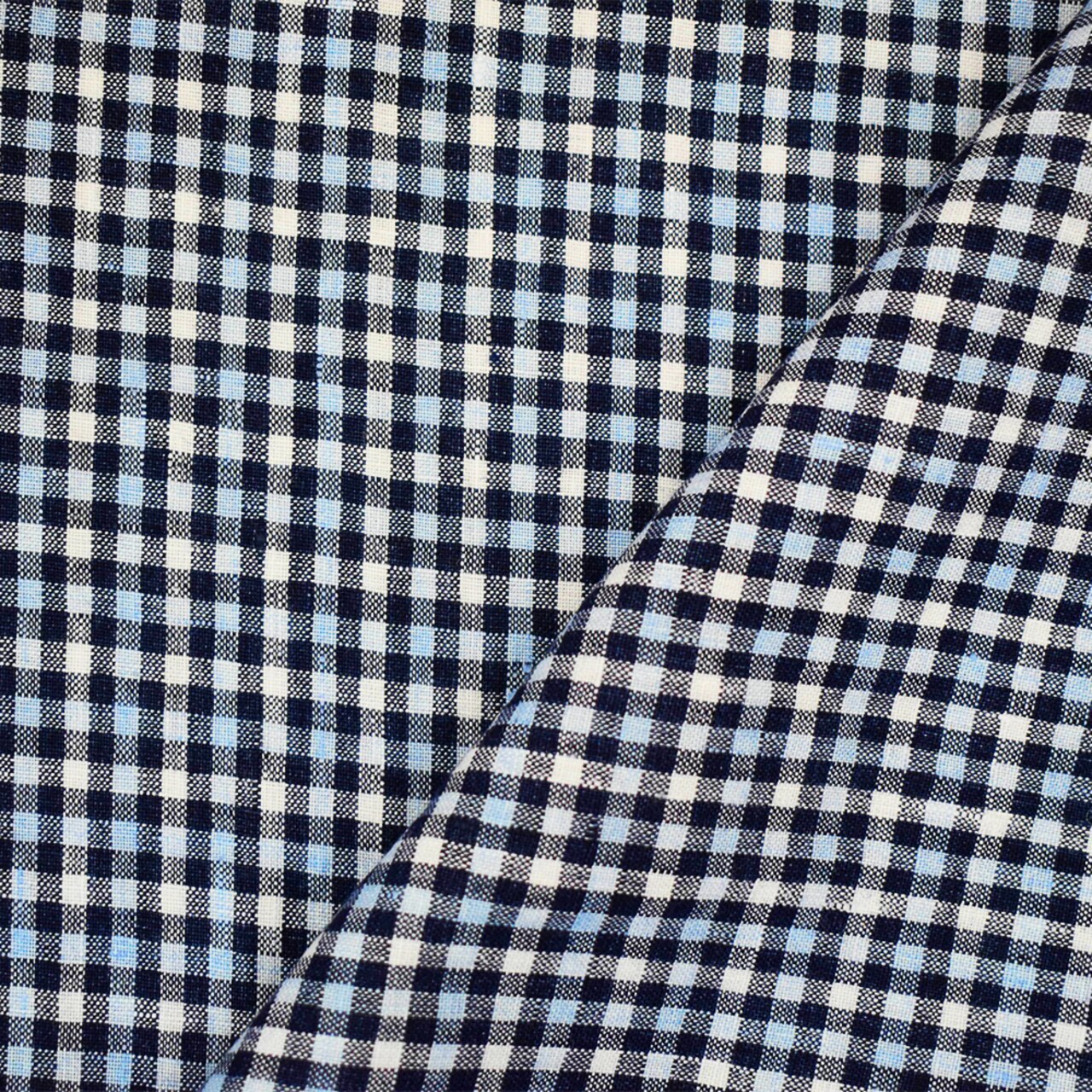 Navy-Blue-White Spence Bryson Washed Gingham Plaid Irish Linen Woven Fabric By the Yard